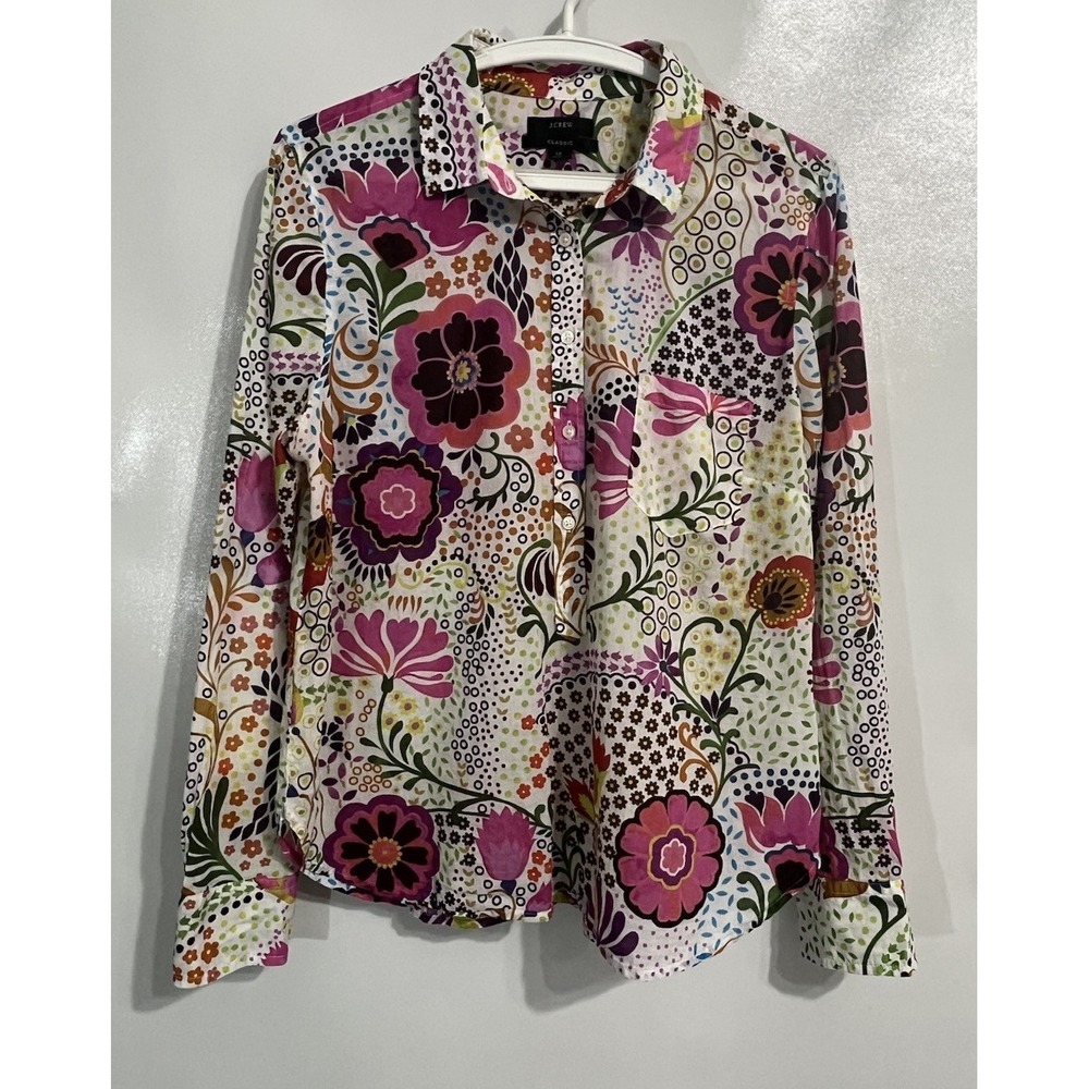 J. Crew Size 12 100% Cotton Popover Button Shirt Ratti Retro Floral Print